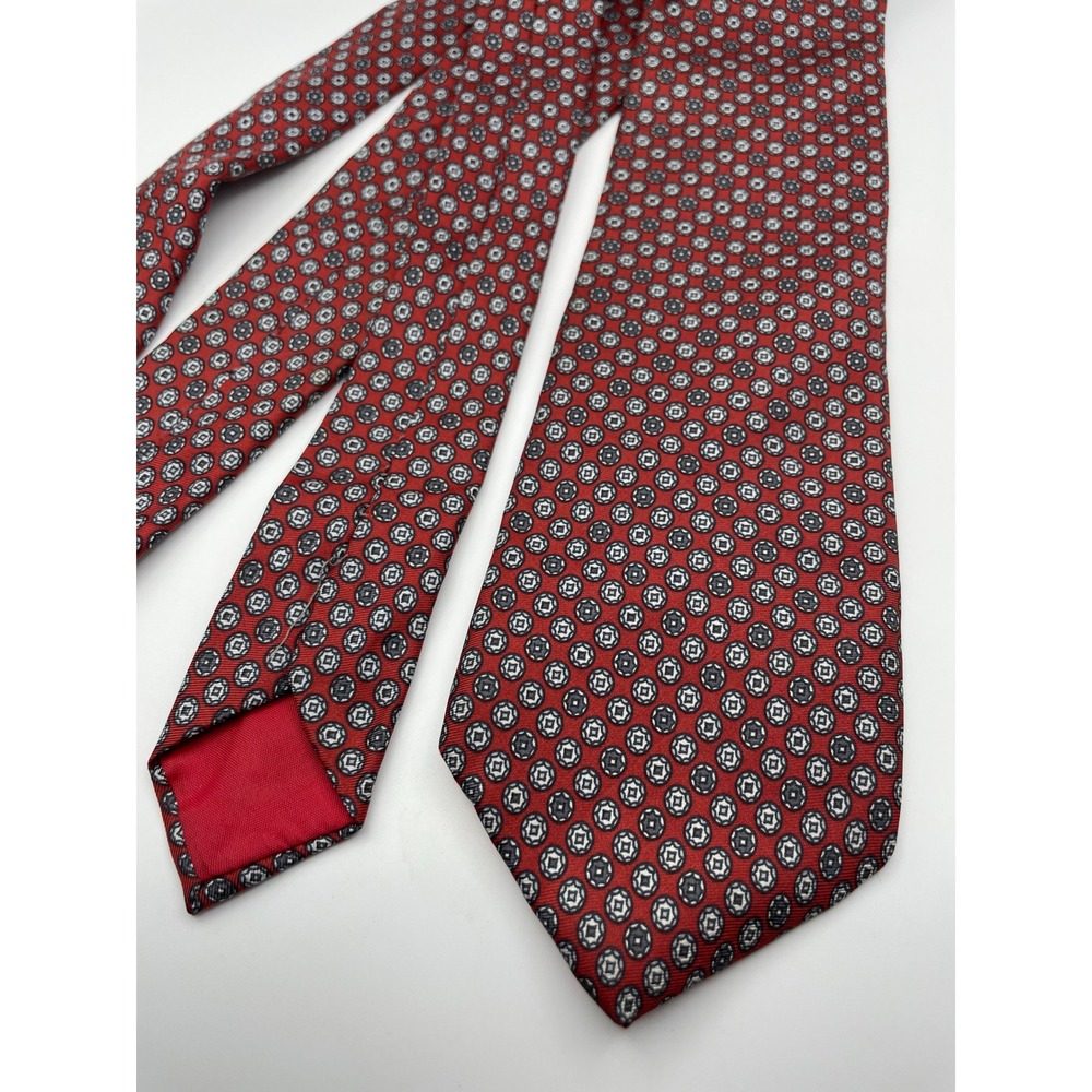 Henri Christian Mens Silk Tie Red Black White Geometric Medallion British Design